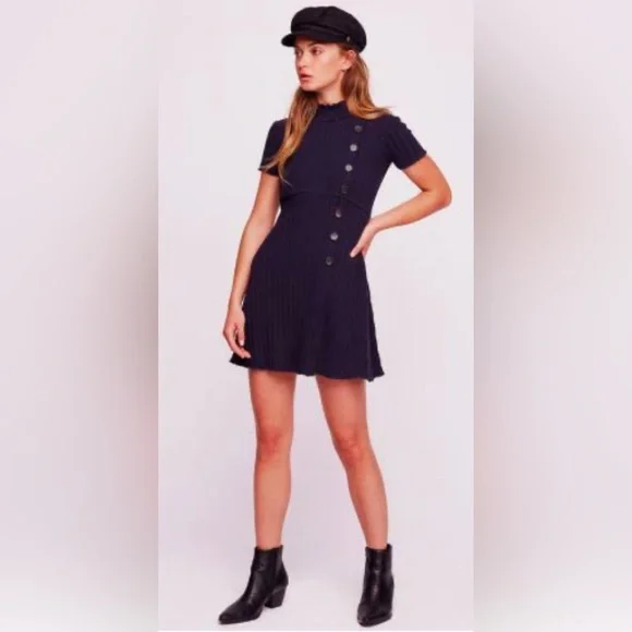 Free People Lottie Navy Blue Ribbed Button Front Mock Neck Sweater Dress XL (A11 - Picture 4 of 11